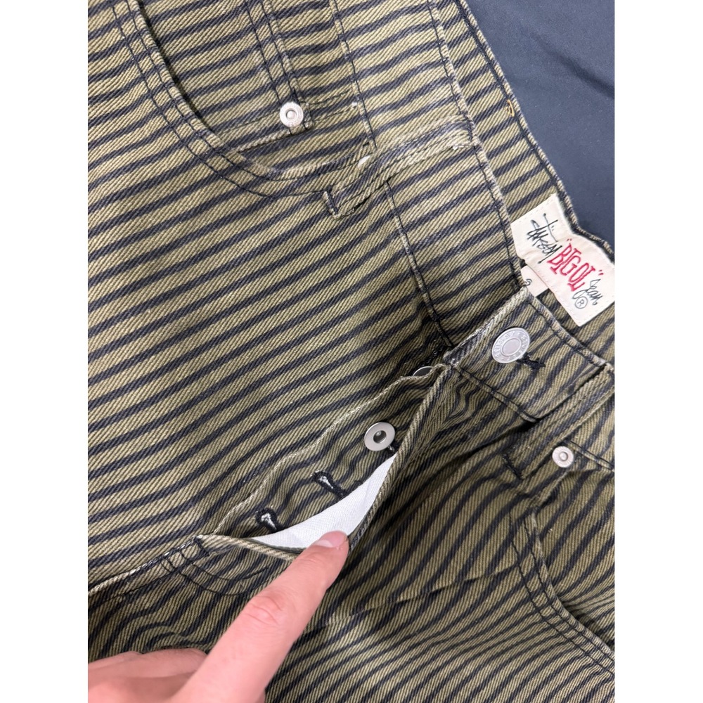 Stussy Big Ol Jeans Olive Black Striped Denim Straight Leg Pants Mens 30x30 NWT - Picture 5 of 7